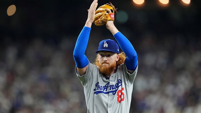 May 10, 2025; Phoenix, Arizona, USA; Los Angeles Dodgers pitcher Dustin May (85) reacts after an out against the Arizona Diamondbacks during the second inning at Chase Field. Mandatory Credit: Joe Camporeale-Imagn Images