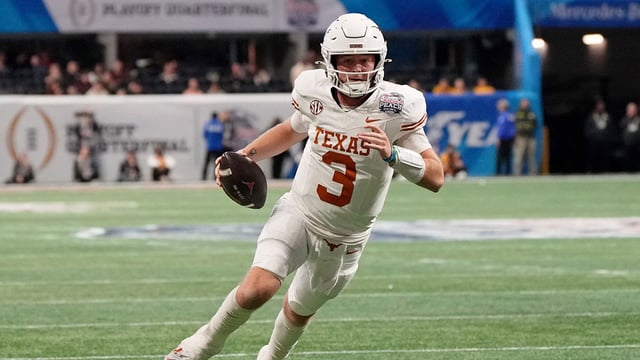 Jan 1, 2025; Atlanta, GA, USA; Texas Longhorns quarterback Quinn Ewers (3) runs with the ball for a touchdown against the Arizona State Sun Devils during the second half of the Peach Bowl at Mercedes-Benz Stadium. Mandatory Credit: Dale Zanine-Imagn Images