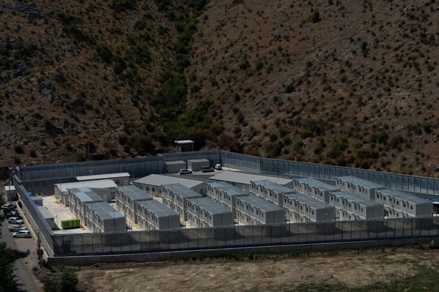A drone view shows a migrant detention centre in Gjader, Albania, July 31, 2025. The facility was set up under an Italian government plan to process migrants rescued at sea. REUTERS/Florion Goga/File Photo