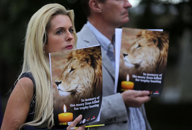 People at a vigil in London on July 30, 2016, hold candles and pamphlets showing an image of Cecil the lion, who was killed by an American trophy hunter in 2015.