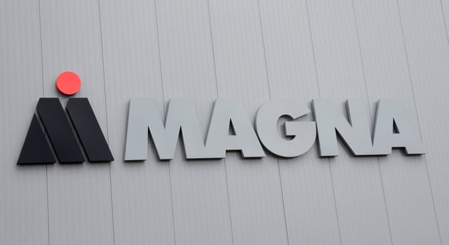 The Magna logo is seen outside the Magna Electric Vehicle Structures Facility that builds battery enclosures for electric (EV) vehicles, in St. Clair, Michigan, U.S., March 26, 2025. REUTERS /Rebecca Cook/File Photo