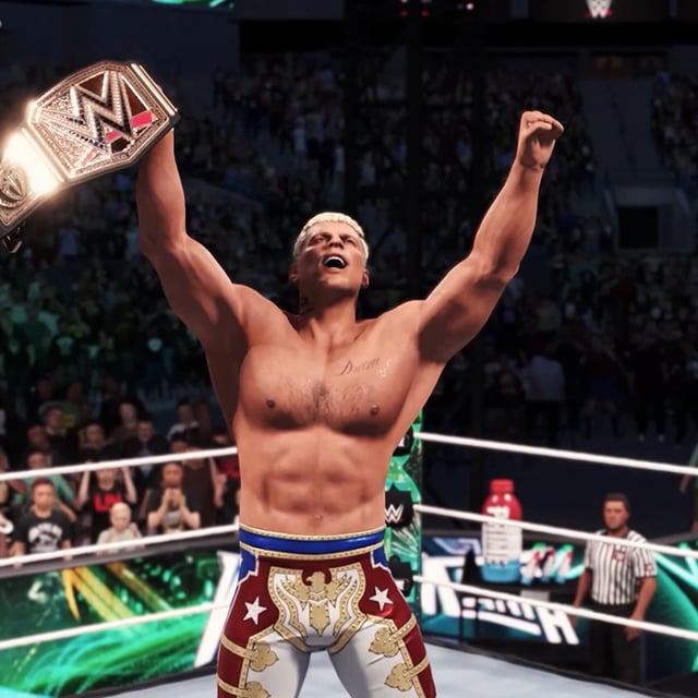 Trailer screenshot of Cody Rhodes winning the WWE Championship at Wrestlemania 40 in WWE 2K25.