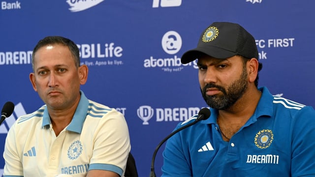 Rohit Sharma (R) and Ajit Agarkar, current chairman of the BCCI selection committee, address a press conference in Mumbai on January 18, 2025.