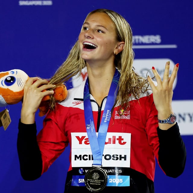 Summer McIntosh of Team Canada has painted five of her fingernails gold as a reminder of her ambitious goal in Singapore.