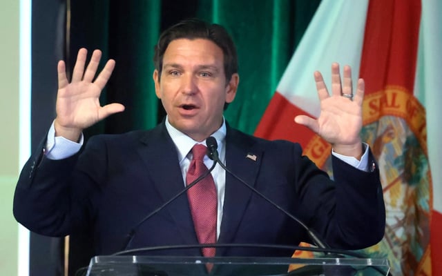 Florida governor Ron DeSantis delivers remarks at the 2025 Florida Sheriffs Association Summer Conference at the Omni Orlando Resort in Championsgate, Fla., Tuesday, July 29, 2025. DeSantis addressed several topics including touting Florida’s immigration enforcement policy –– referencing the deployment of Alligator Alcatraz, the state&#39;s immigration detention and deportation center in the Everglades. (Joe Burbank/Orlando Sentinel)