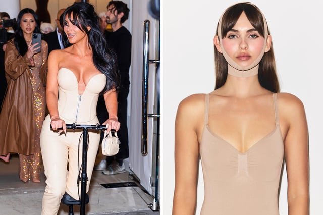 Kim Kardashian attends SKIMS flagship store opening in Midtown on December 12, 2024 in New York City (L) and a model wearing the new SKIMS face wrap on the brand&#39;s website (R).