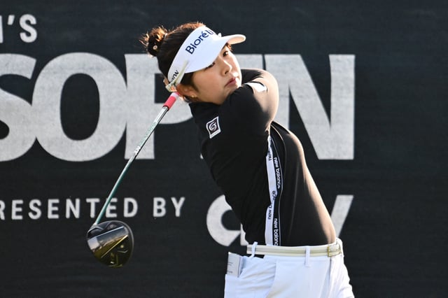 May 30, 2025; Erin, Wisconsin, USA; Miyu Yamashita tees off at the 1st hole during the second round of the U.S. Women's Open golf tournament. Mandatory Credit: Benny Sieu-Imagn Images