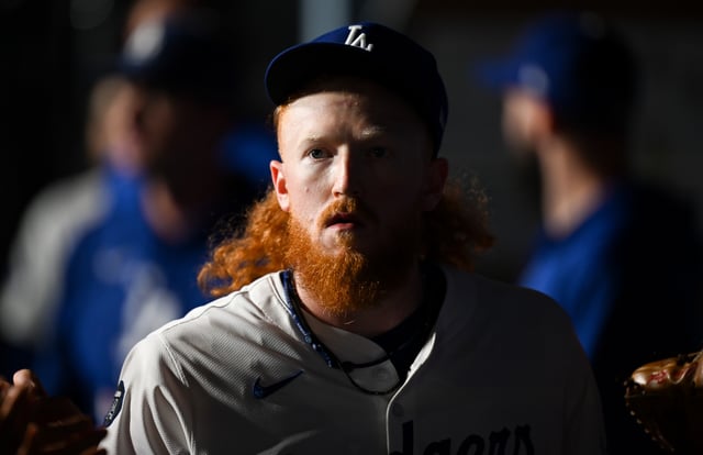 LOS ANGELES, CALIFORNIA - JULY 03: Dustin May #85 of the Los Angeles Dodgers reacts after leaving in the eighth inning during the game against the Chicago White Sox at Dodger Stadium on July 03, 2025 in Los Angeles, California. (Photo by Gene Wang - Capture At Media/Getty Images)