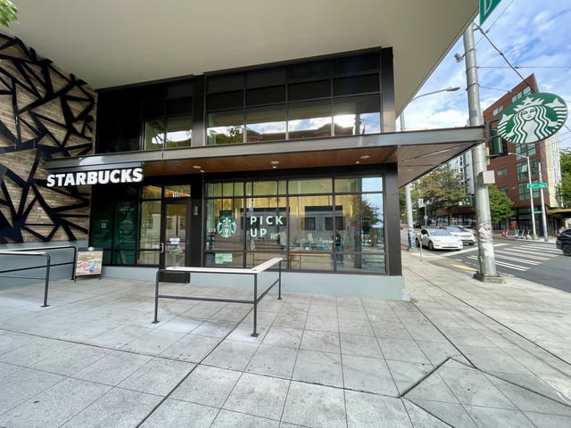 Starbucks is ending its pickup-only store concept, including at this location in Seattle near the Space Needle. (GeekWire Photos / Taylor Soper)