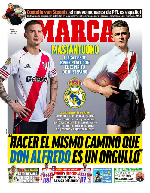 Tapa del diario español Marca en la que comparan a Franco Mastantuono con Alfredo Di Stéfano