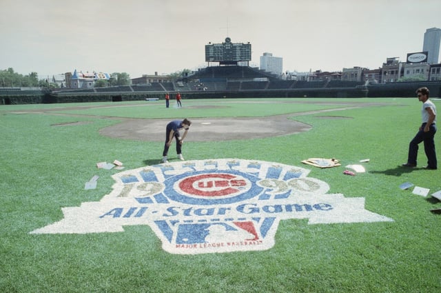 Ryan McDermott, 11, checks the All-Star logo at Wrigley Field on July 7, 1990. (Charles Bennett/AP)