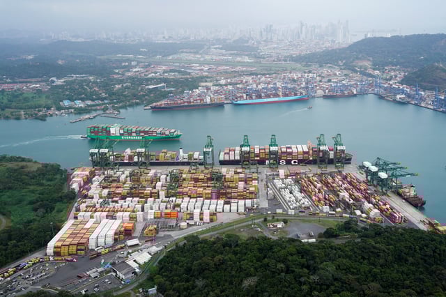 An aerial view shows containers at the Balboa Port, operated by Panama Ports Company, at the Panama Canal, in Panama City, Panama, February 1, 2025. REUTERS/Enea Lebrun/File Photo