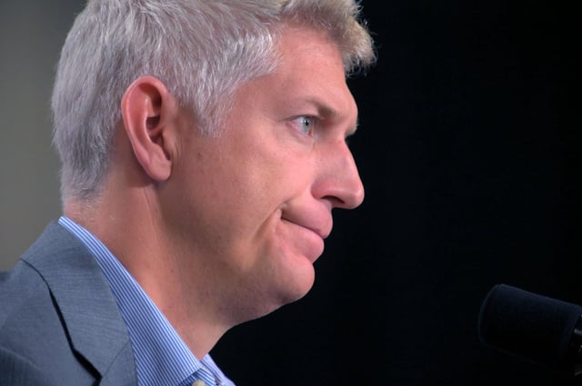 Mike Elias, executive vice president and general manager for the Baltimore Orioles holds a press conference after being swept in the American League wild-card series at Oriole Park at Camden Yards.(Karl Merton Ferron/Staff)