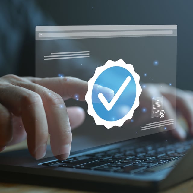 A stylized image of an unidentified person using a laptop and pressing a digital image of blue tick checkmark floating in the air.