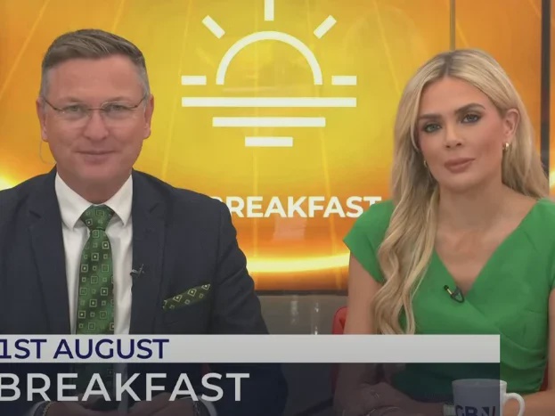 GB News breakfast presenters Stephen Dixon and Ellie Costello opening the show on Friday 1 August 2025. Picture: Youtube screenshot/GB News