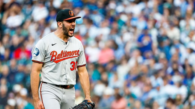 Jul 2, 2024; Seattle, Washington, USA; Baltimore Orioles starting pitcher Grayson Rodriguez (30) reacts following a strikeout against the Seattle Mariners to end the sixth inning at T-Mobile Park. Mandatory Credit: Joe Nicholson-Imagn Images