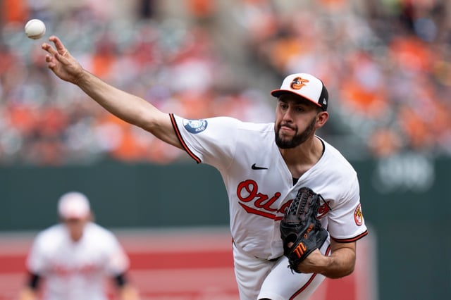 Baltimore Orioles starting pitcher Grayson Rodriguez delivers during the first inning of a baseball game against the Toronto Blue Jays, Wednesday, July 31, 2024, in Baltimore. (AP Photo/Stephanie Scarbrough)