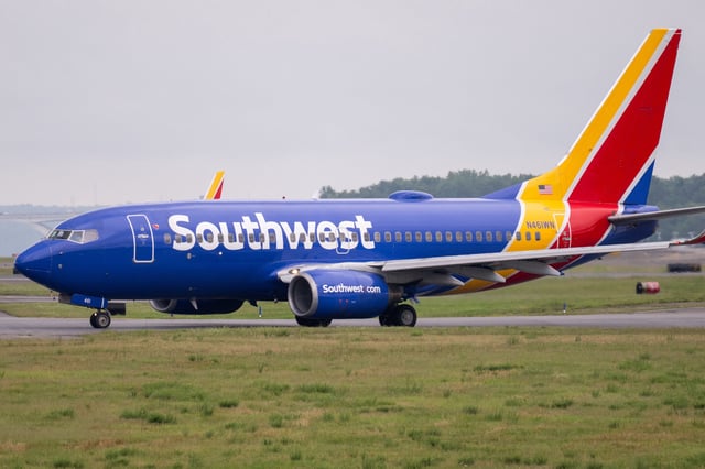 A Southwest Airlines Boeing 737-700 airplane prepares to takeoff at Ronald Reagan Washington National Airport in Arlington, Virginia, on July 10, 2025.