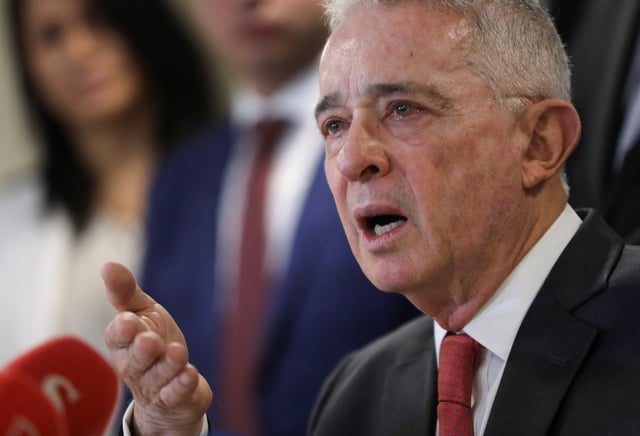 Colombia's former president Alvaro Uribe speaks during a news conference in Bogota, Colombia, April 18, 2024. REUTERS/Luisa Gonzalez/File Photo