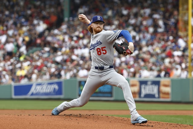BOSTON, MA - JULY 27: Dustin May #85 of the Los Angeles Dodgers pitches against the Boston Red Sox during the first inning at Fenway Park on July 27, 2025 in Boston, Massachusetts.