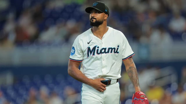 Jul 23, 2025; Miami, Florida, USA; Miami Marlins starting pitcher Sandy Alcantara (22) looks on against the San Diego Padres during the first inning at loanDepot Park. Mandatory Credit: Sam Navarro-Imagn Images