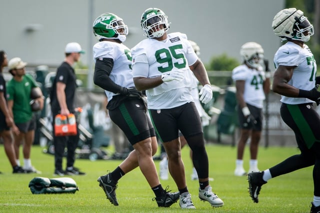 New York Jets defensive tackle Quinnen Williams (95) runs drills during practice at the team&#39;s NFL football training camp, Saturday, July 26, 2025, in Florham Park, N.J. (AP Photo/Angelina Katsanis)