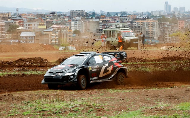 Rallying - World Rally Championship - Safari Rally Kenya - March 20, 2025 - Kalle Rovanpera of Finland and his co-driver Jonne Halttunen of Toyota GR Yaris Rally1 in action during the side-by-side super special racing stage at Kasarani in Nairobi. REUTERS/Monicah Mwangi/File Photo