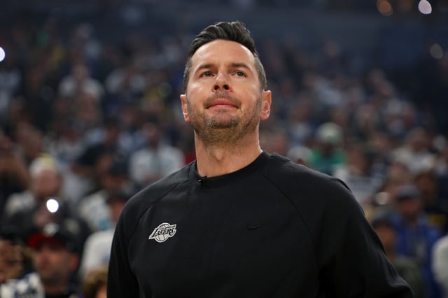 Head coach JJ Redick of the Los Angeles Lakers looks on prior to the start of Game Four against the Minnesota Timberwolves during the First Round of the 2025 NBA Playoffs at Target Center on April 27, 2025 in Minneapolis, Minnesota.