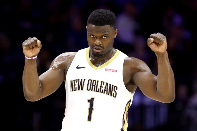 Zion Williamson #1 of the New Orleans Pelicans reacts during the second quarter against the Philadelphia 76ers at the Wells Fargo Center on March 08, 2024 in Philadelphia, Pennsylvania.