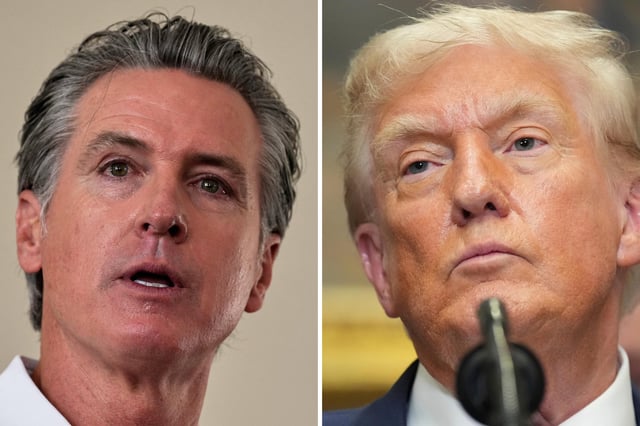 (L): Gov. Gavin Newsom, D-Calif., gives remarks to a crowd at St. Paul First Baptist Church on Wednesday, July 9, 2025, in Laurens, S.C. (R): President Donald Trump listens during an event to sign an executive order restarting the Presidential Fitness Test in public schools, Thursday, July 31, 2025, in the Roosevelt Room of the White House in Washington.