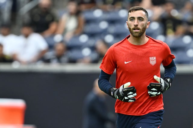 Jul 6, 2025; Houston, Texas, USA; United States of America goalkeeper Matt Turner (1) practices before the match against Mexico during the 2025 Gold Cup Final at NRG Stadium. Mandatory Credit: Maria Lysaker-Imagn Images/File Photo