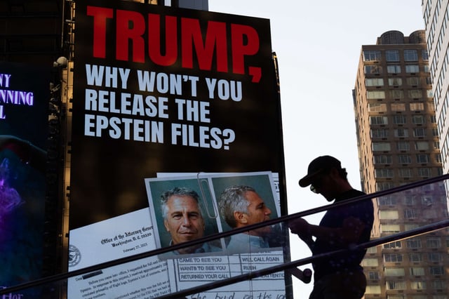 A billboard in Times Square calls for the release of the Epstein files on July 23, 2025, in New York City.