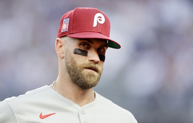 NEW YORK, NEW YORK - JULY 25: Bryce Harper #3 of the Philadelphia Phillies in action against the New York Yankees at Yankee Stadium on July 25, 2025 in New York City. The Phillies defeated the Yankees 12-5. (Photo by Jim McIsaac/Getty Images)