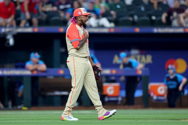 Emmanuel Clase #48 of the Cleveland Guardians reacts after the final out to defeat the National League 5-3 during the 94th MLB All-Star Game presented by Mastercard at Globe Life Field on July 16, 2024 in Arlington, Texas.
