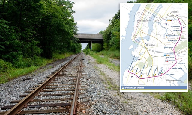 The view west along the LIRR’s Bay Ridge Branch freight line, the future southern section of the planned Interborough Express, or IBX (map, inset). (Evan Simko-Bednarski / New York Daily News)
