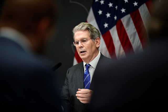 U.S. Treasury Secretary Scott Bessent speaks during a press conference at government quarters Rosenbad after the trade talks between the U.S. and China concluded, in Stockholm, Sweden, July 29, 2025. Magnus Lejhall/TT News Agency/via REUTERS/File Photo