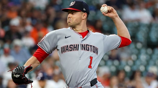 Jul 30, 2025; Houston, Texas, USA; Washington Nationals starting pitcher MacKenzie Gore (1) pitches against the Houston Astros in the first inning at Daikin Park. Mandatory Credit: Thomas Shea-Imagn Images