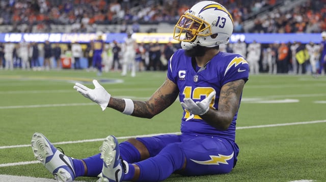 Dec 10, 2023; Inglewood, California, USA; Los Angeles Chargers wide receiver Keenan Allen (13) singles to the referees during the second half in a game against the Denver Broncos at SoFi Stadium.
