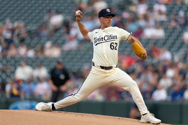 Jul 29, 2025; Minneapolis, Minnesota, USA; Minnesota Twins starting pitcher Pierson Ohl (62) throws during the first inning against the Boston Red Sox at Target Field. Mandatory Credit: Jordan Johnson-Imagn Images/File Photo