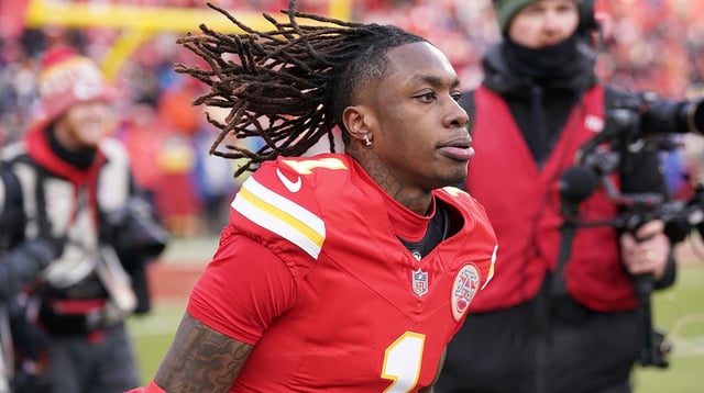 Jan 18, 2025; Kansas City, Missouri, USA; Kansas City Chiefs wide receiver Xavier Worthy (1) warms up against the Houston Texans prior to a 2025 AFC divisional round game at GEHA Field at Arrowhead Stadium. Mandatory Credit: Denny Medley-Imagn Images