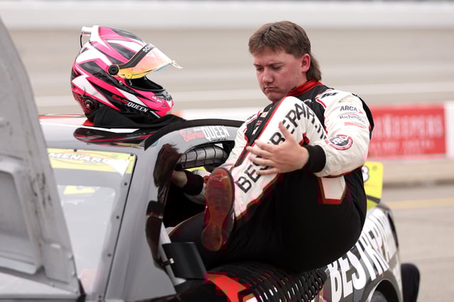 Brenden Queen, driver of the #28 Best Repair Chevrolet enters his car during practice for the ARCA Menards Series Henry Ford Health 200 at Michigan International Speedway on June 06, 2025 in Brooklyn, Michigan.