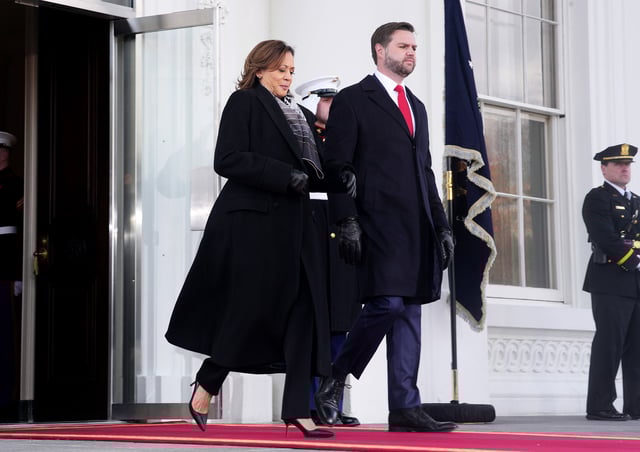 Former Vice President Kamala Harris and then Vice President-elect, JD Vance can be seen departing the White House ahead of the Inauguration of then President-elect Donald Trump on January 20, 2025, in Washington, D.C. (Photo by Andrew Harnik/Getty Images)