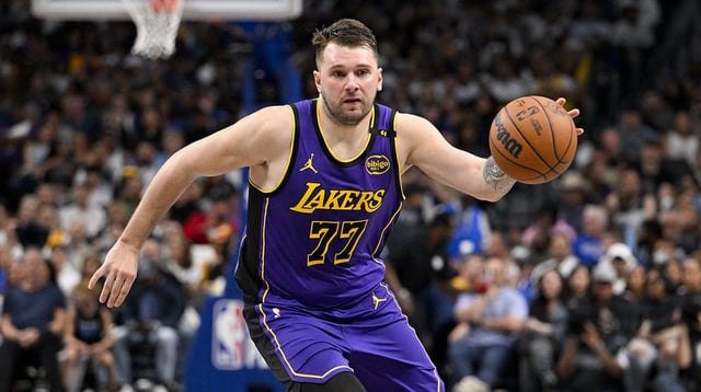 Apr 9, 2025; Dallas, Texas, USA; Los Angeles Lakers guard Luka Doncic (77) in action during the game between the Dallas Mavericks and the Los Angeles Lakers at American Airlines Center. Mandatory Credit: Jerome Miron-Imagn Images