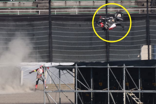 Jack Miller's Yamaha flies through the air after hitting a wall at Suzuka.