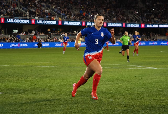 Apr 8, 2025; San Jose, California, USA; USWNT forward Ally Sentnor (9) chases down the ball against Brazil during the second half at PayPal Park. Mandatory Credit: Kelley L Cox-Imagn Images/File Photo