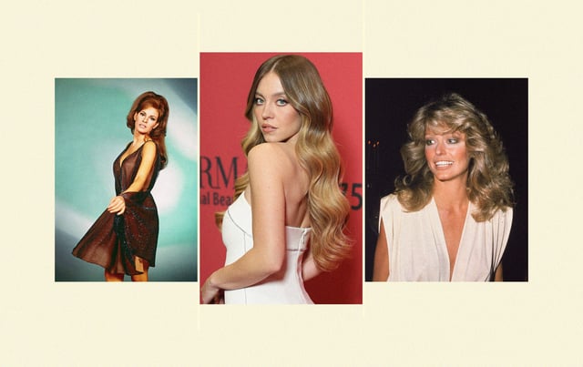 Illustration by Noah Hickey/The Dispatch. (Photos of: Sydney Sweeney by Andreas Rentz/Getty Images for Armani beauty; Farrah Fawcett by Frank Edwards/Fotos International/Getty Images. Racquel Welch by Getty Images)