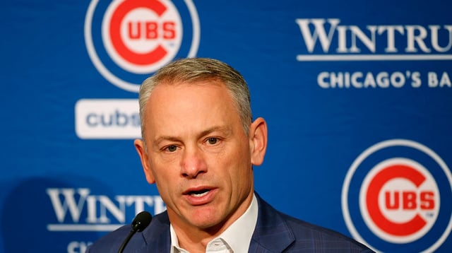 Jan 12, 2024; Chicago, IL, USA; Chicago Cubs president of baseball operations Jed Hoyer talks to the media after introducing pitcher Shota Imanaga (not pictured) during a press conference at Loews Chicago Hotel.