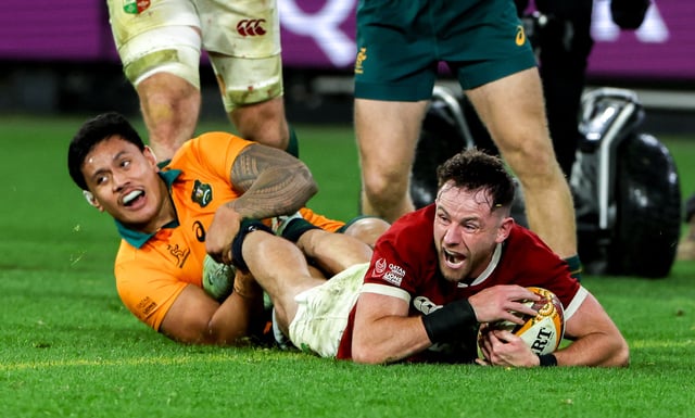 Hugo Keenan scores the British & Irish Lions’ winning try in the second Test against Australia in 2025