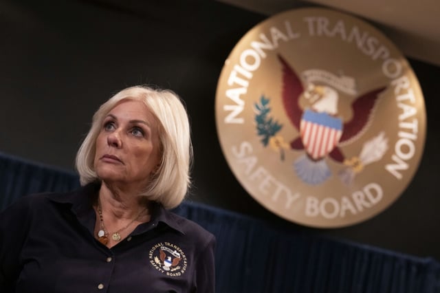Chair of the National Transportation Safety Board (NTSB) Jennifer Homendy speaks to members of the Federal Aviation Administration during hearings for the investigation into the January mid-air collision that killed 67 in Washington