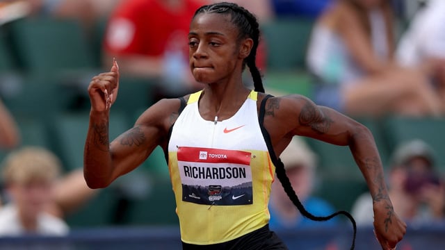 Sha'Carri Richardson competes in the Nike Women's 100m during the 2025 USATF Outdoor Championships at Hayward Field
